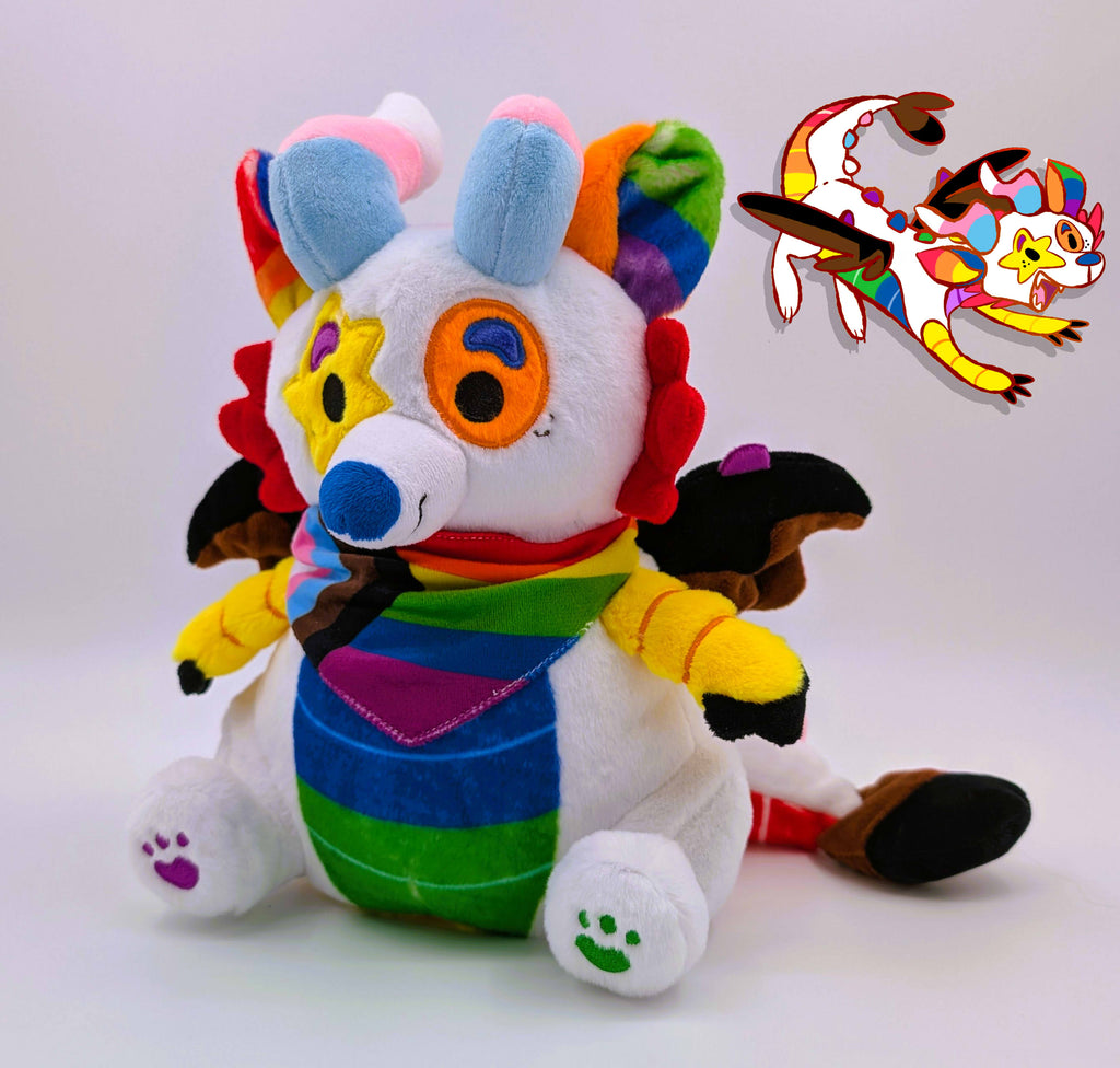 Plush toy and pin art of Mixtape the rainbow sparkledog dragon