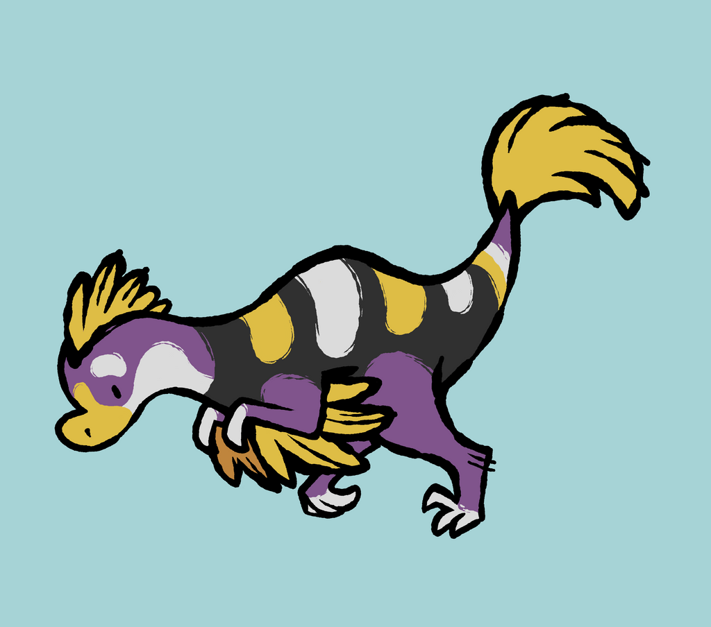 Cartoon-like dinosaur with purple, yellow, and white colors on a light blue background