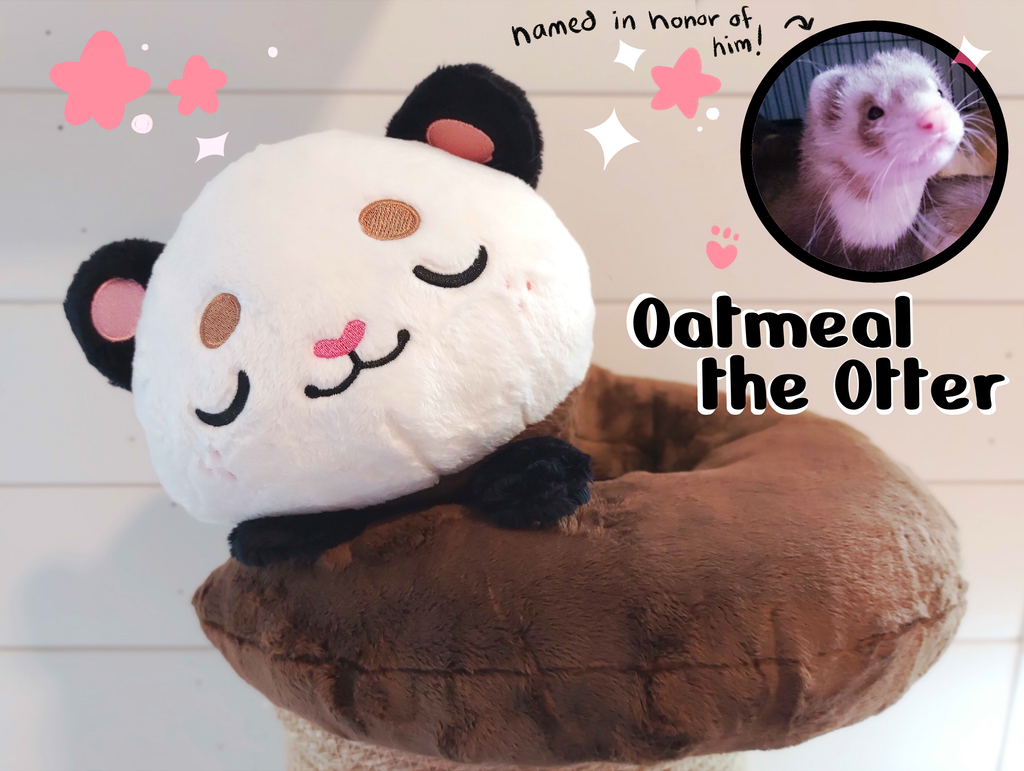 Plush neck pillow of Oatmeal the otter with a photo of her namesake ferret 