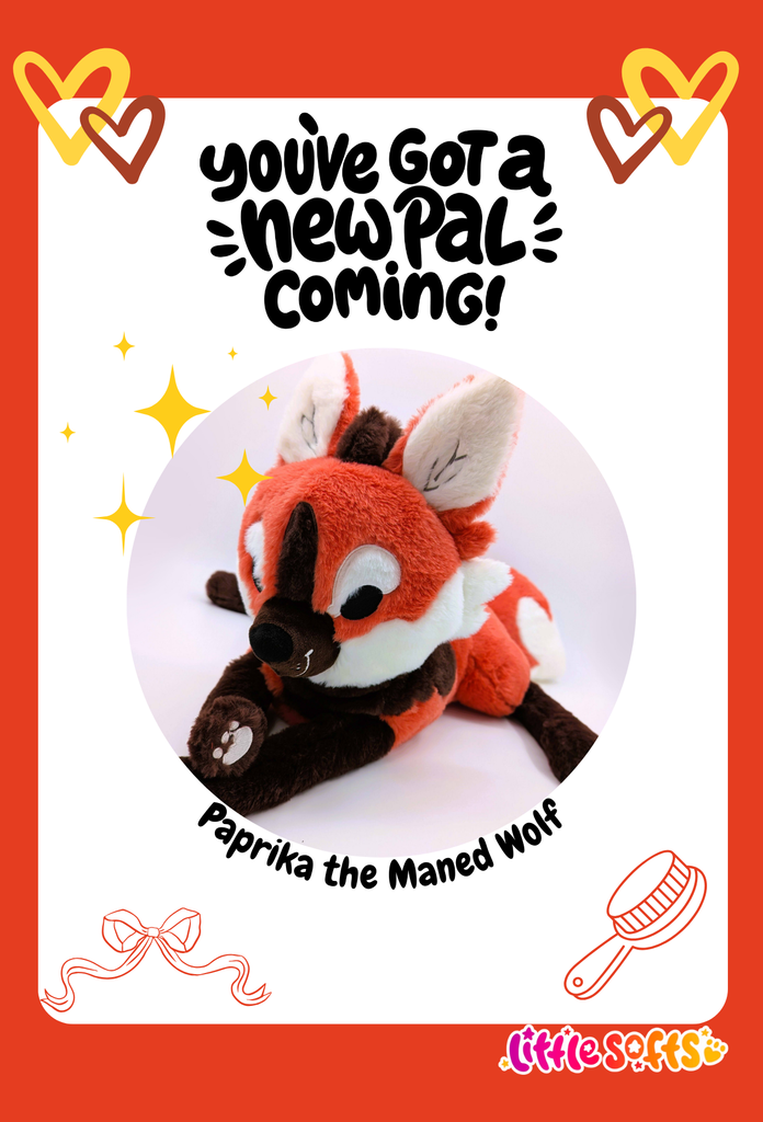 Postcard of plush toy of Paprika the maned wolf that says "you've got a new pal coming!"