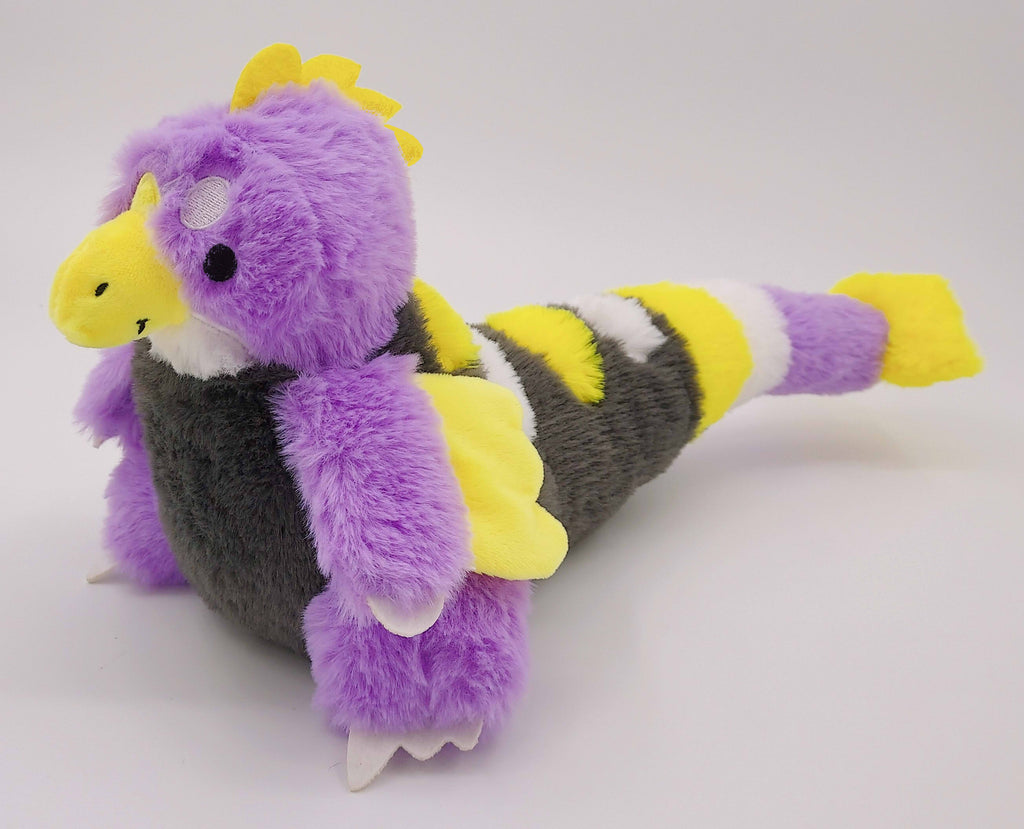 Plush of Passionfruit the purple, white, yellow, and black utahraptor