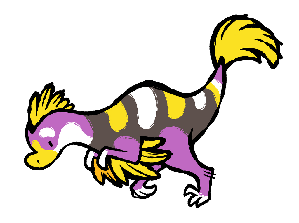 Art of Passionfruit the black, white, purple, and yellow utahraptor