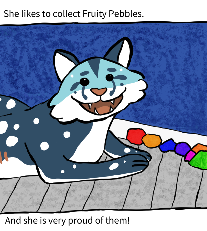 Cartoon art of a whale shark cat hybrid collecting colorful rocks
