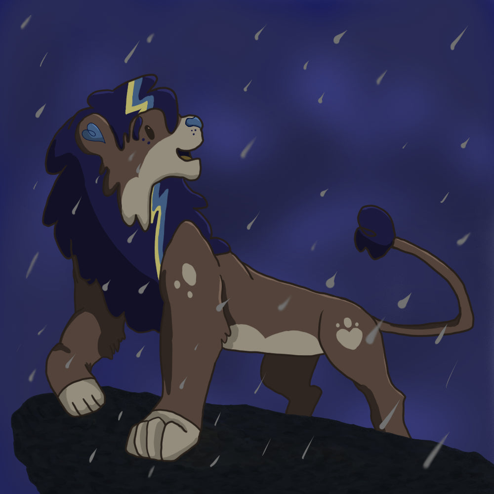 Cartoon art of a lion with brown fur, blue mane and an electric bolt in its mane. He is standing in the rain