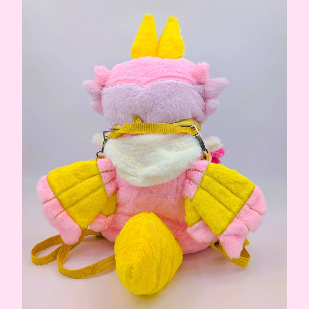 Back view of a plush backpack of a rosy maple moth