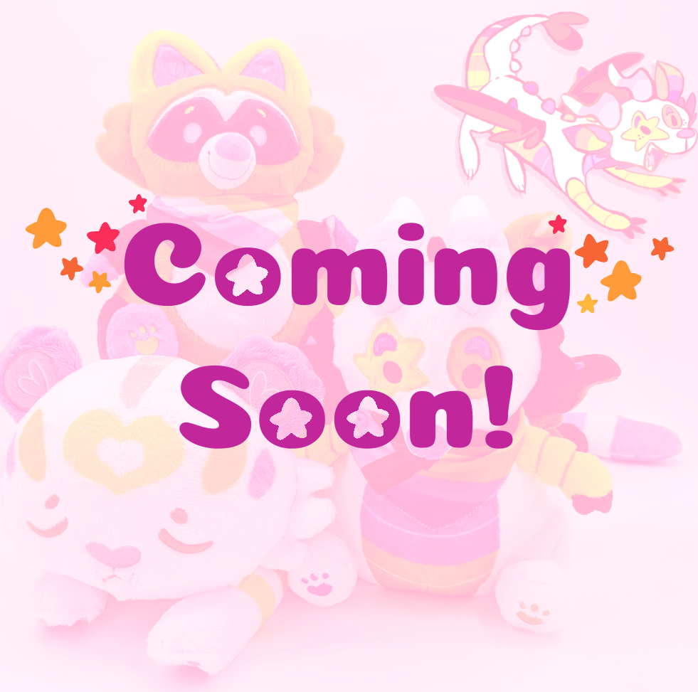 Plush toys of Mochi the Pastel Tiger, Mango the blue, orange, yellow raccoon and Mixtape the rainbow sparkledog dragon with coming soon text