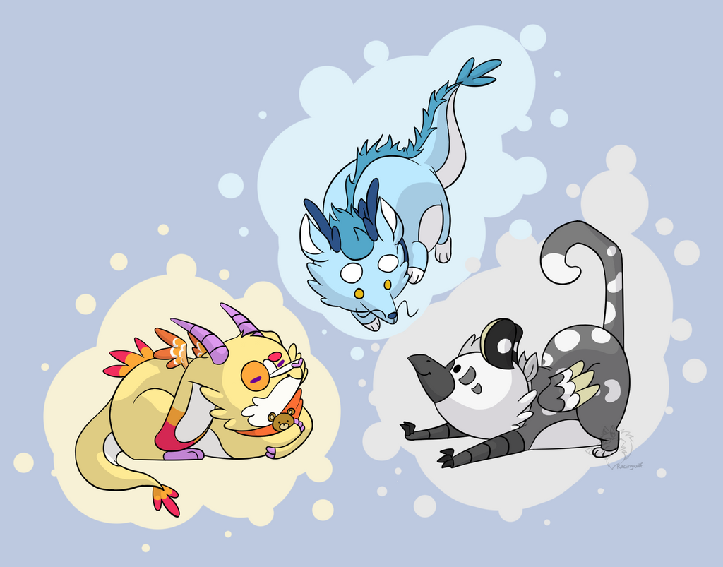 Fanart of Charmy the yellow traumadragon, Cloud the blue dragon, and Sesame the grey and white gryphon