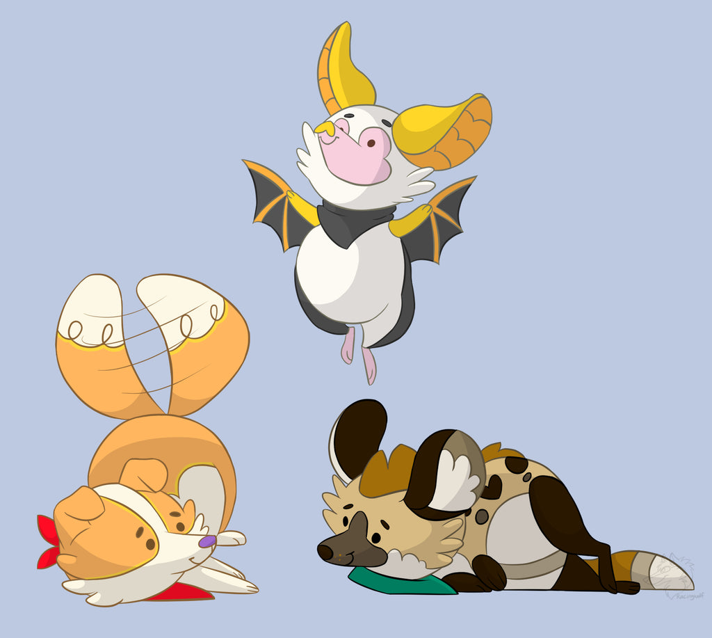 Fanart of Lemon the yellow bat, Sunny Pup the red border collie, and ChocoChip the hyena