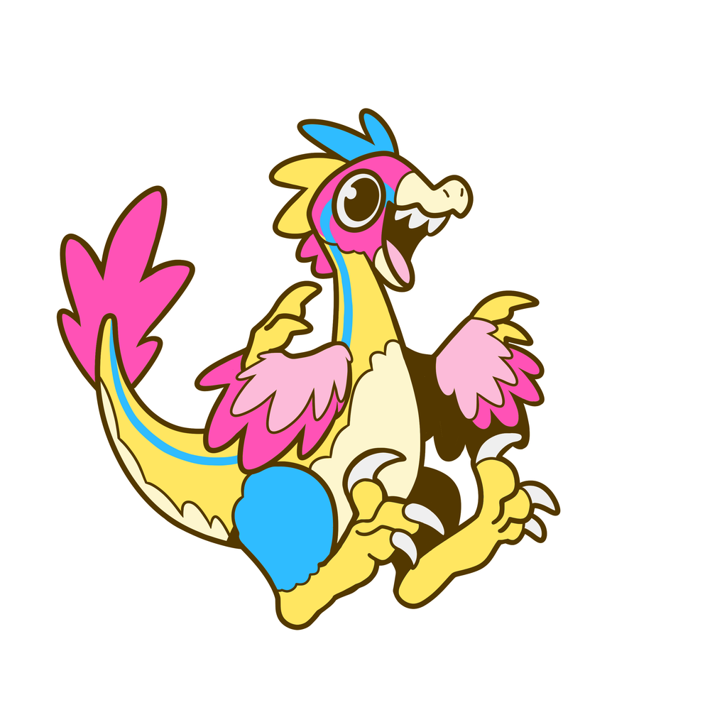 Art of Sherbert the rainbow utahraptor who is pink, yellow, and blue