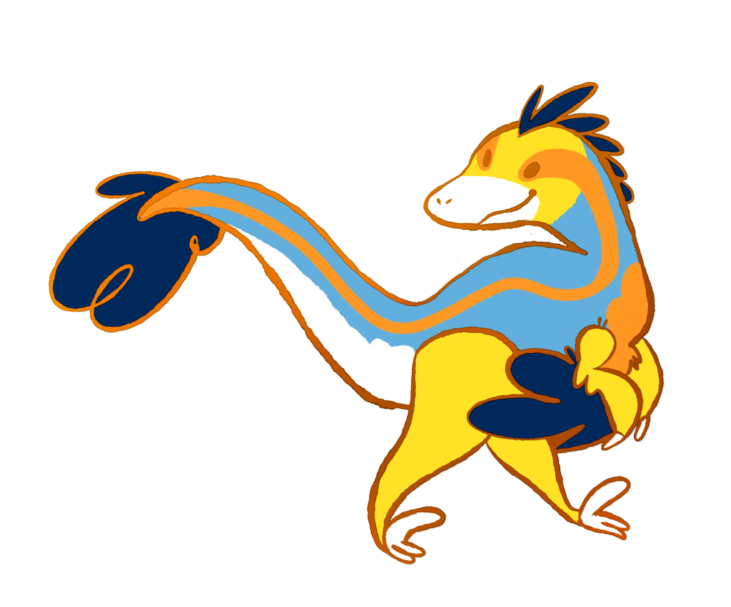 Art of Slushie the blue, orange, yellow, and white utahraptor