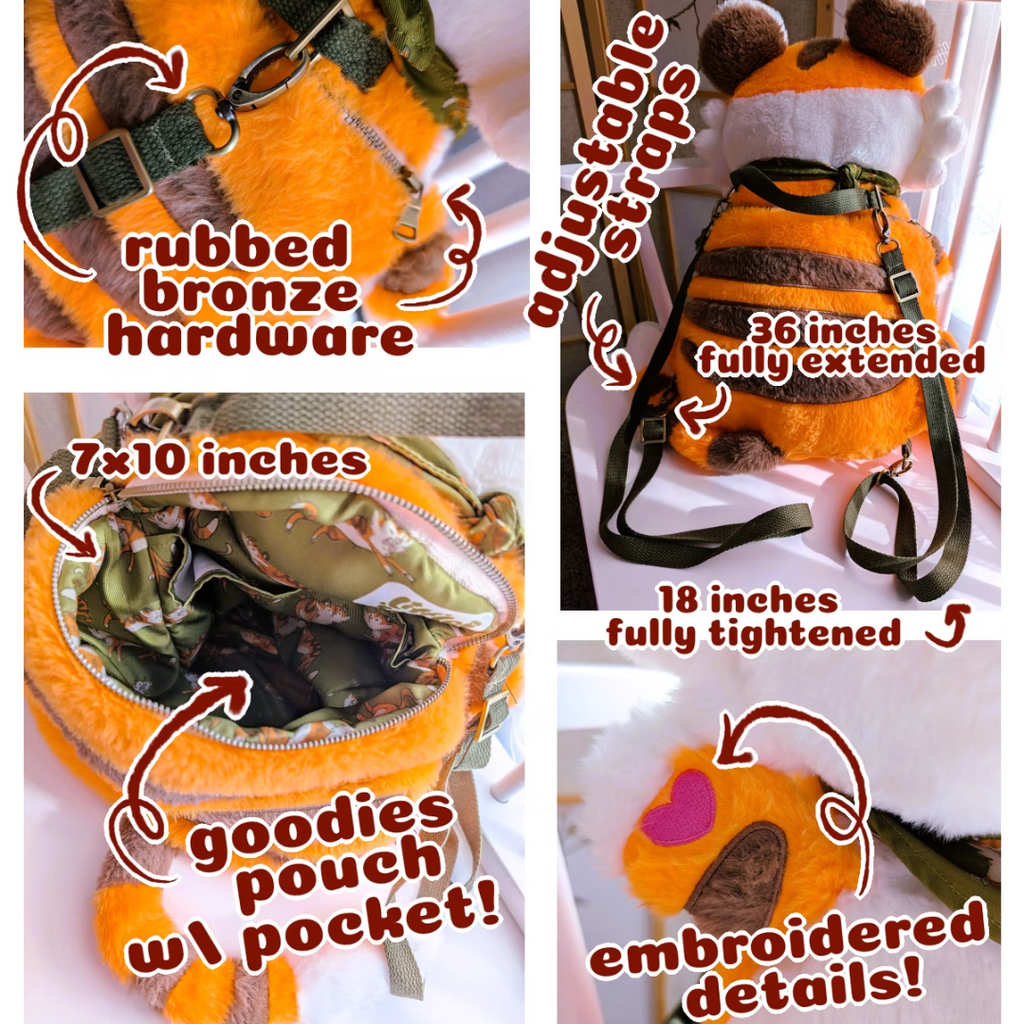 Plush backpack of a tiger with an orange and white body, brown accents, and a green bandana. The hardware is rubbed bronze, the inner pouch measures 7x10 inches, the backpack straps extend  18-36 inches, and there are embroidered details