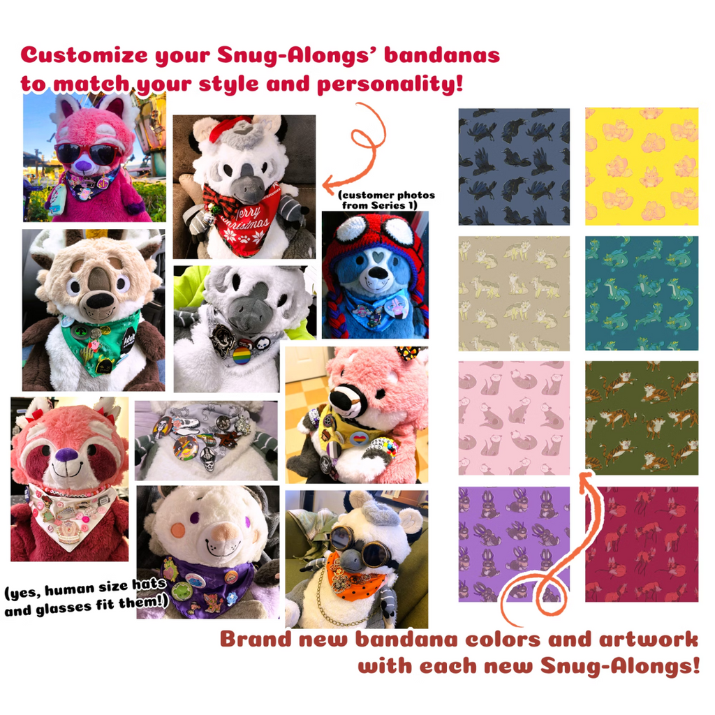 Snug-Alongs plush backpacks with pins on their bandanas. The bandana art is different for every animal