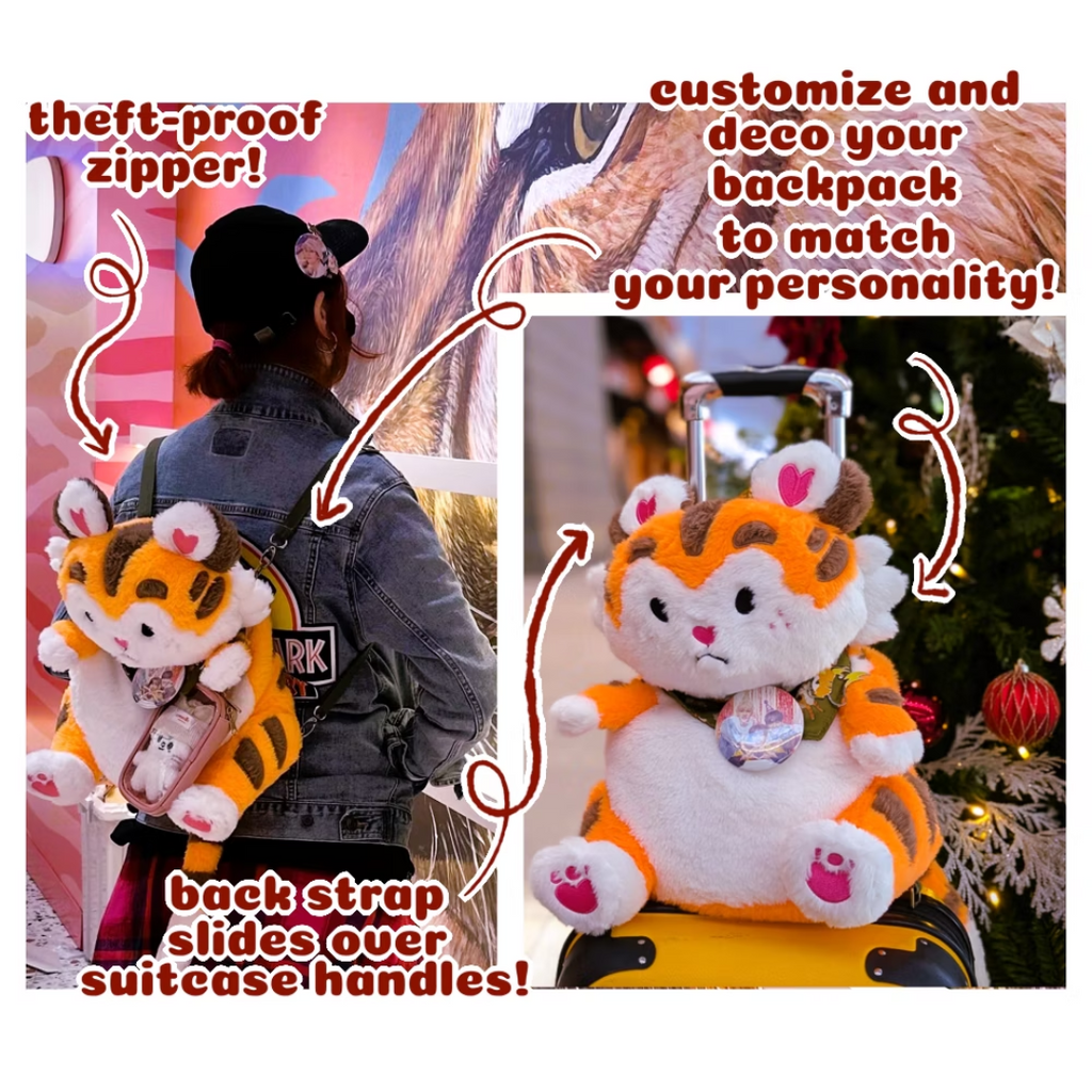 Plush backpack of a tiger with an orange and white body, brown accents, and a green bandana. The backpack has a theft proof zipper, can attach to a suitcase, and can be decorated