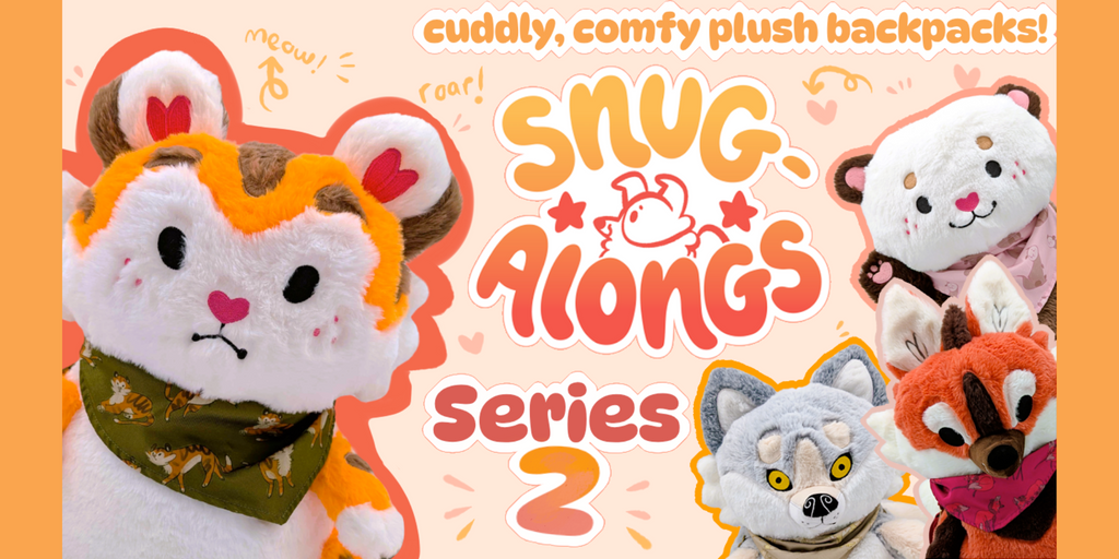 Snug-Along Series 2 banner with plush backpacks of a tiger, wolf, maned wolf, and otter