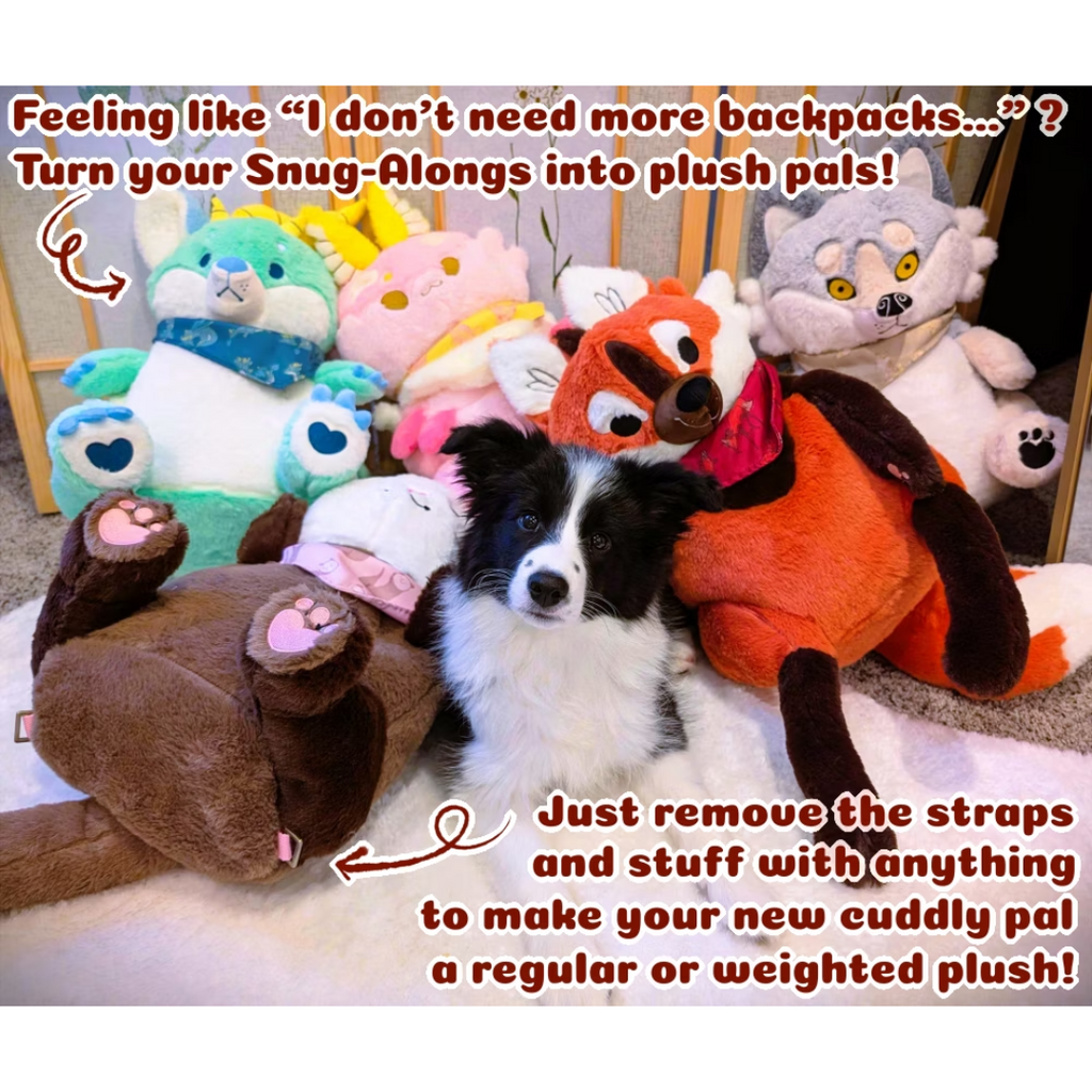 Dog with plush toys, including a named wolf and dragon, with text instructions on transforming Snug-Along backpacks into plush toys.