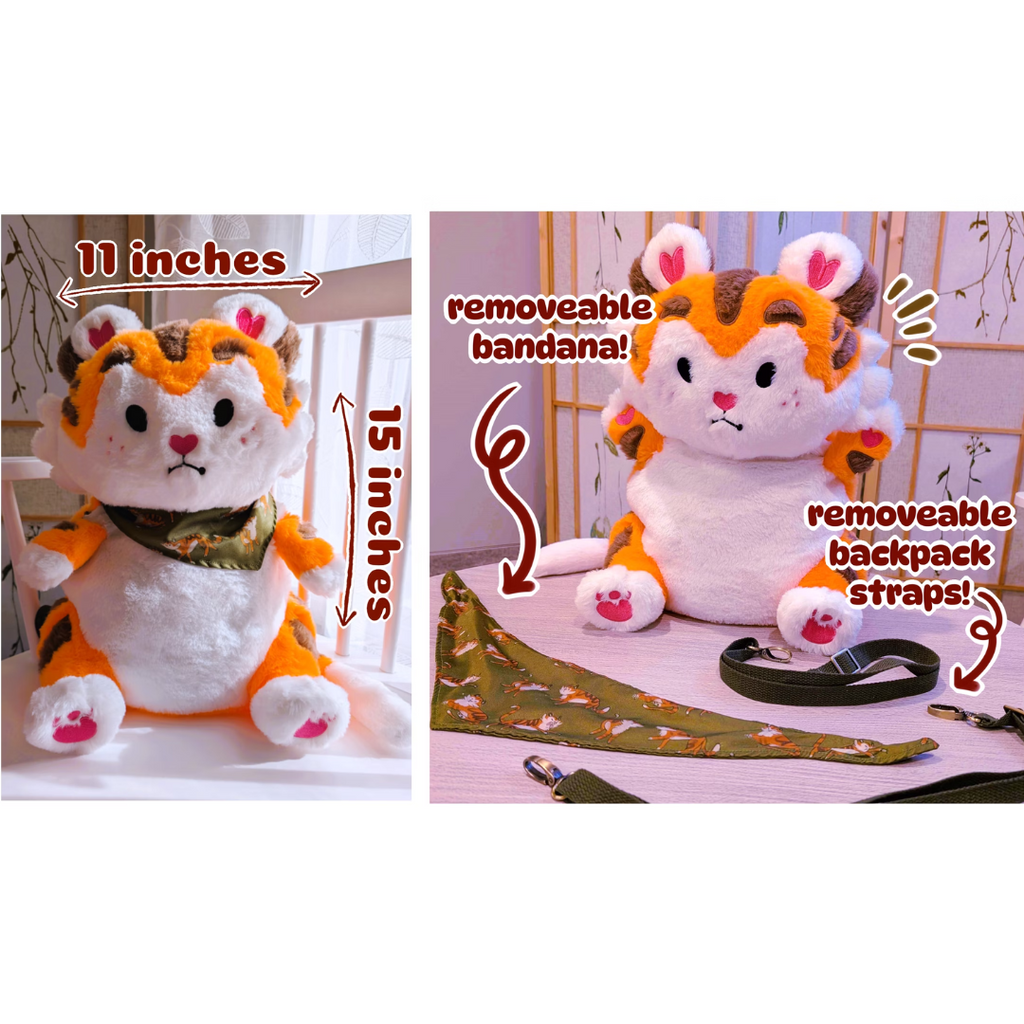 Plush backpack of a tiger with an orange and white body, brown accents, and a green bandana. The backpack is 11 inches wide by 15 inches tall. The bandana and straps are removable.