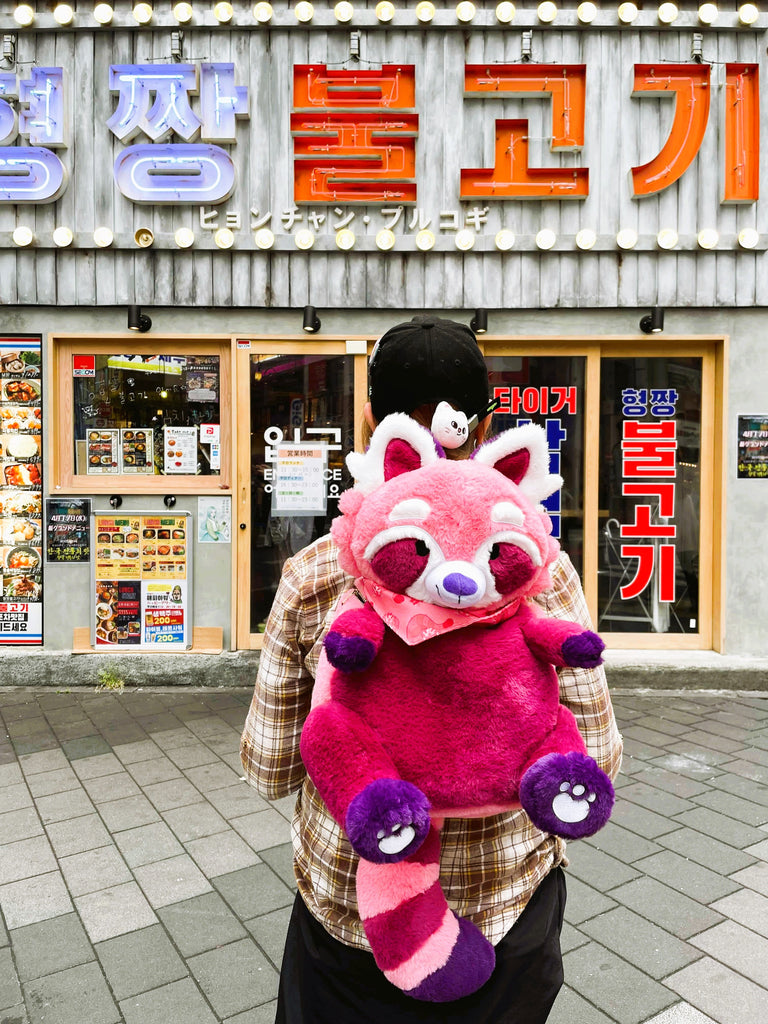 A person wearing a plush backpack of Raspberry the red panda, standing in front of a Korean restaurant