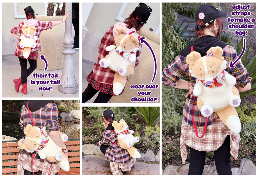 Plush backpack of Sunny Pup the red border collie being worn in various ways by a person in a plaid shirt 