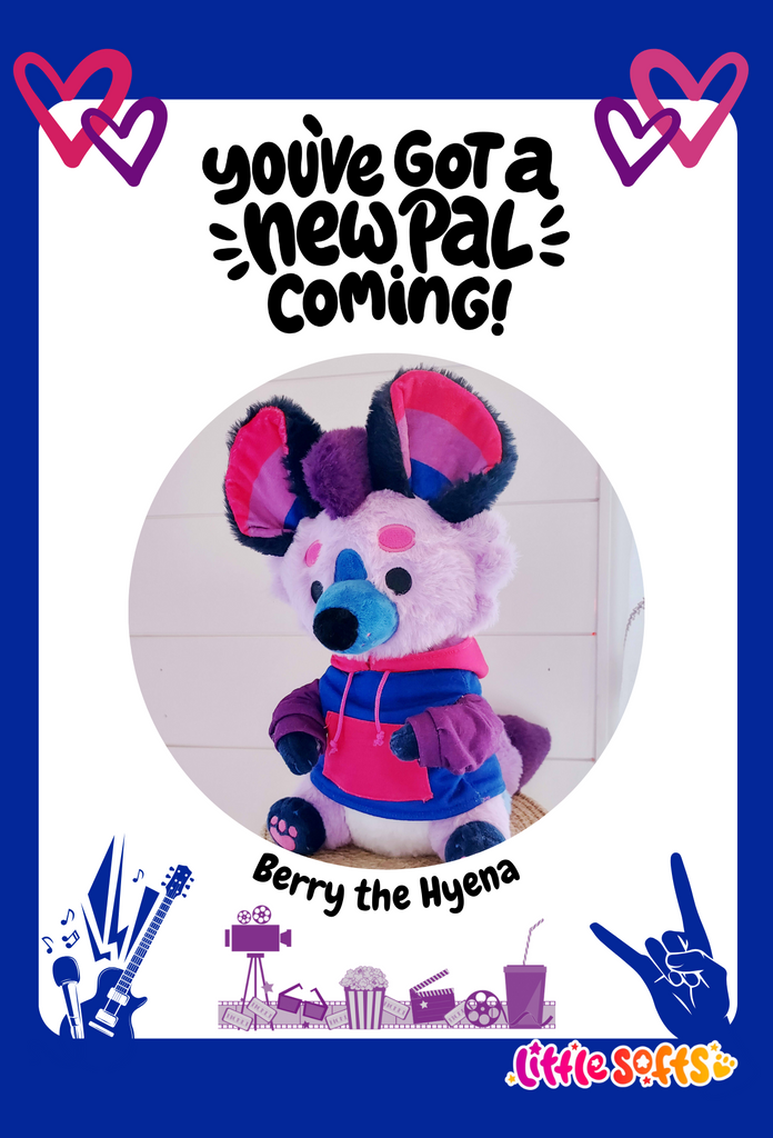 Postcard of Berry the hyena plush with rock and roll and movie clipart