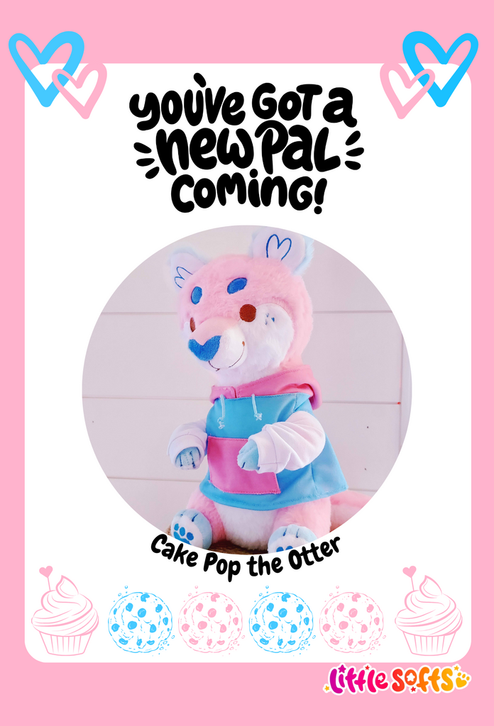 Postcard of Cake Pop the otter featuring pink and blue clipart of cookies and cupcakes