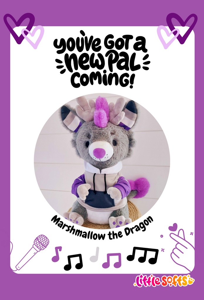 Postcard of Marshmallow the dragon plush with clipart of music notes, a microphone, and a finger heart