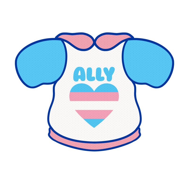 Art of a pink, white, and blue plush toy hoodie that says Ally and has the trans flag in a heart shape