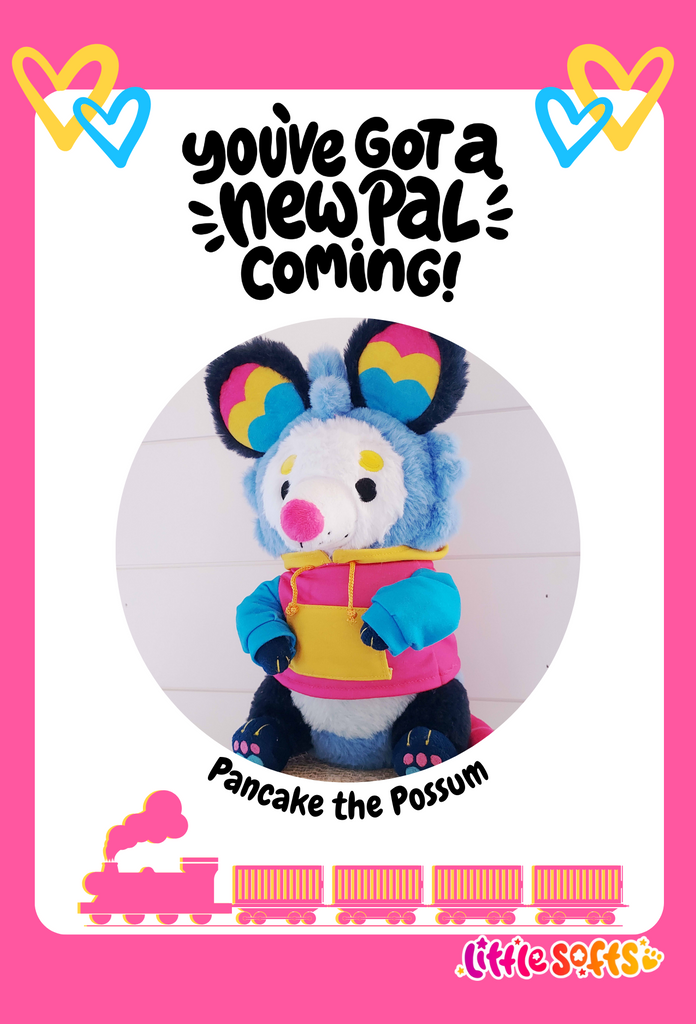 Postcard of Pancake the possum plush with pink train clipart