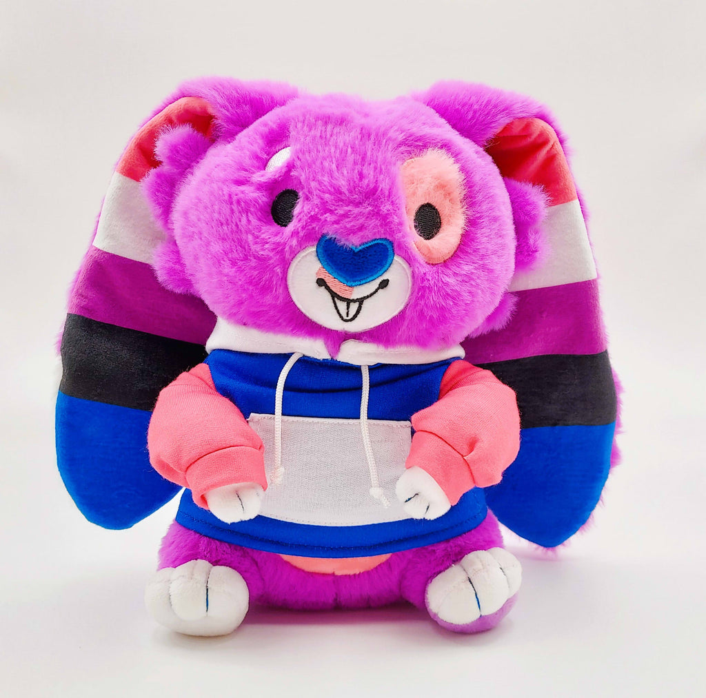 Plush toy of Bubblegum the purple, pink, black,white, and blue bunny wearing a colorful hoodie