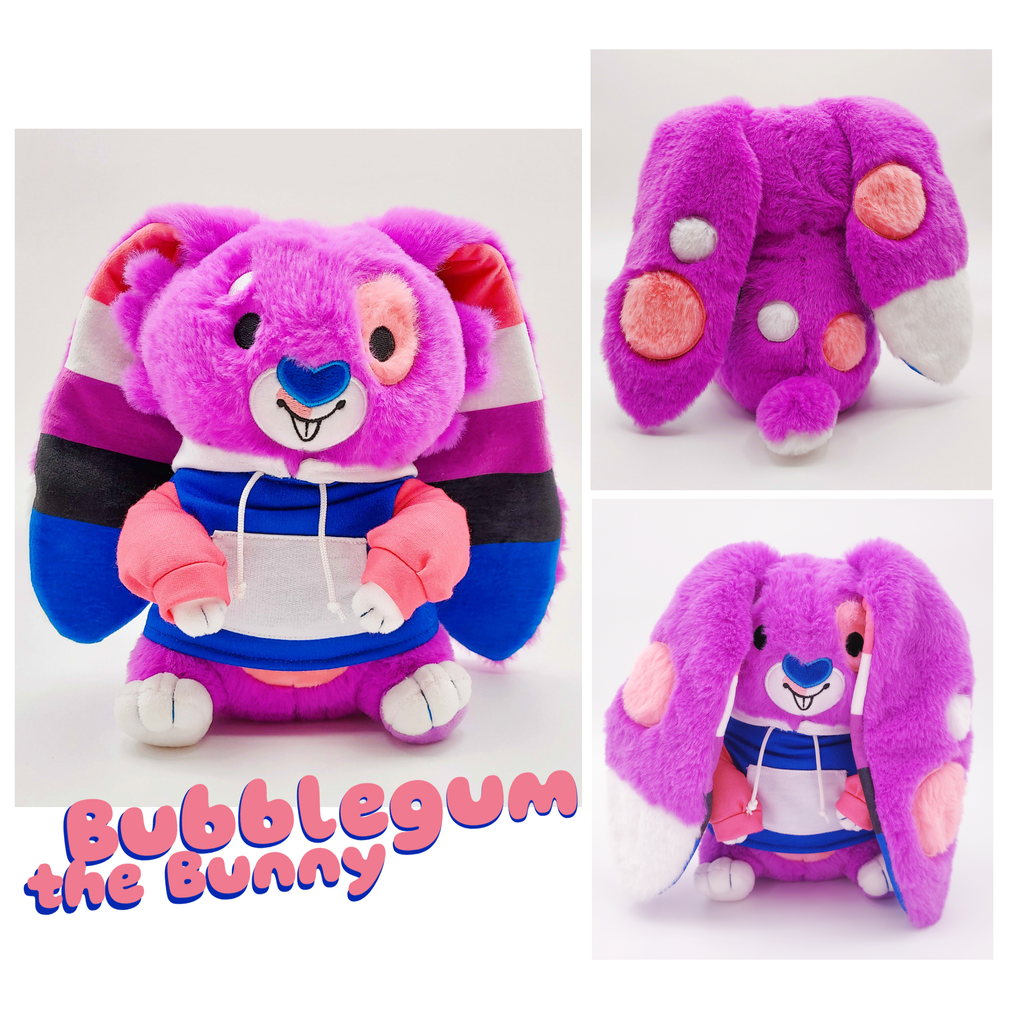 Front and back view of Bubblegum the purple,pink, blue, black, and white bunny wearing a hoodie