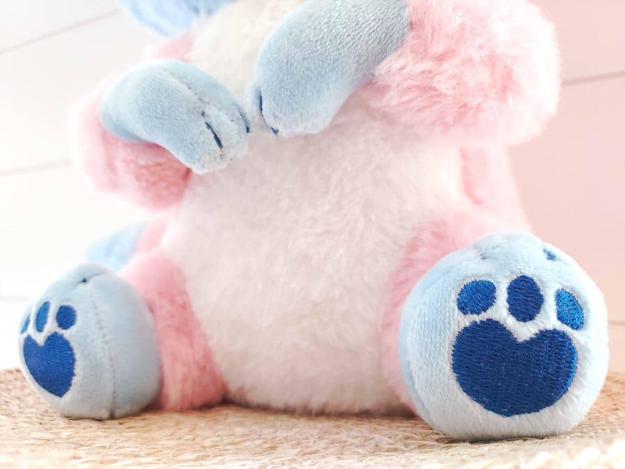 Closeup of blue embroidered feet pads on the Egg the trans raccoon plush