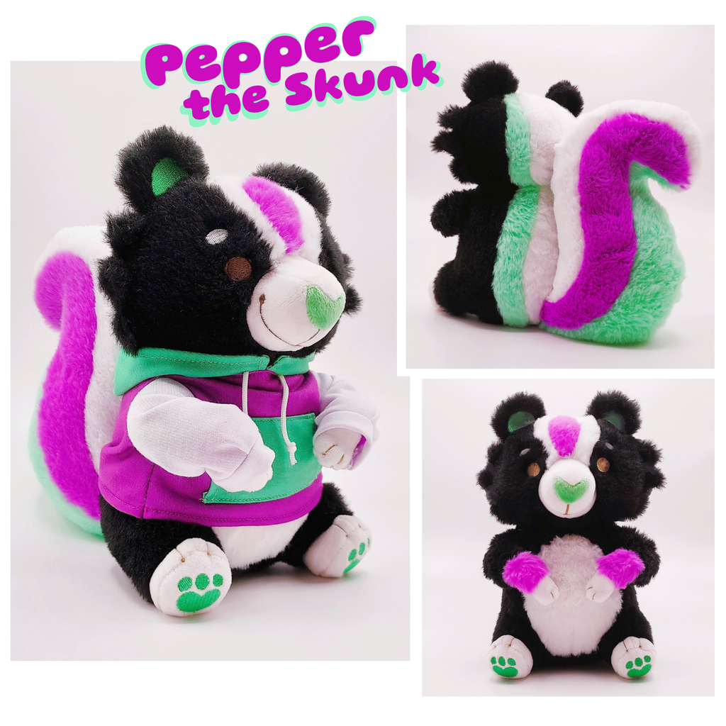 Front and back view of Pepper the purple, mint green, black, and white skunk, wearing a hoodie