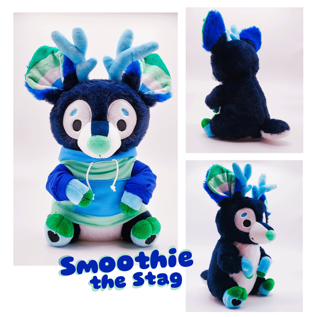 Front and back view of plush toy of Smoothie the blue, white, and green stag wearing a hoodie