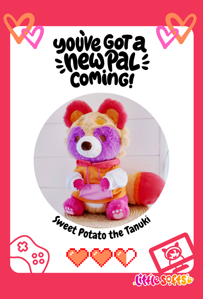 Postcard of Sweet Potato the tanuki plush featuring video game themed clipart