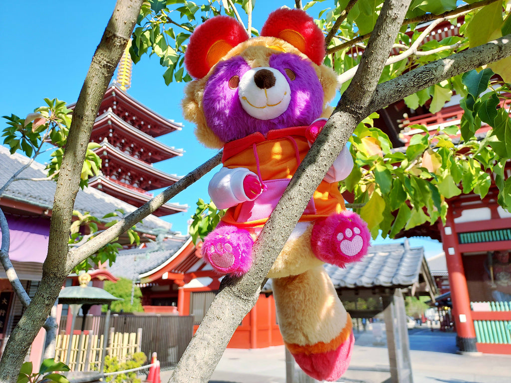 Plush toy of Sweet Potato the tanuki who is pink, purple, red, orange, and white wearing a hoodie, hanging from a tree at a shrine