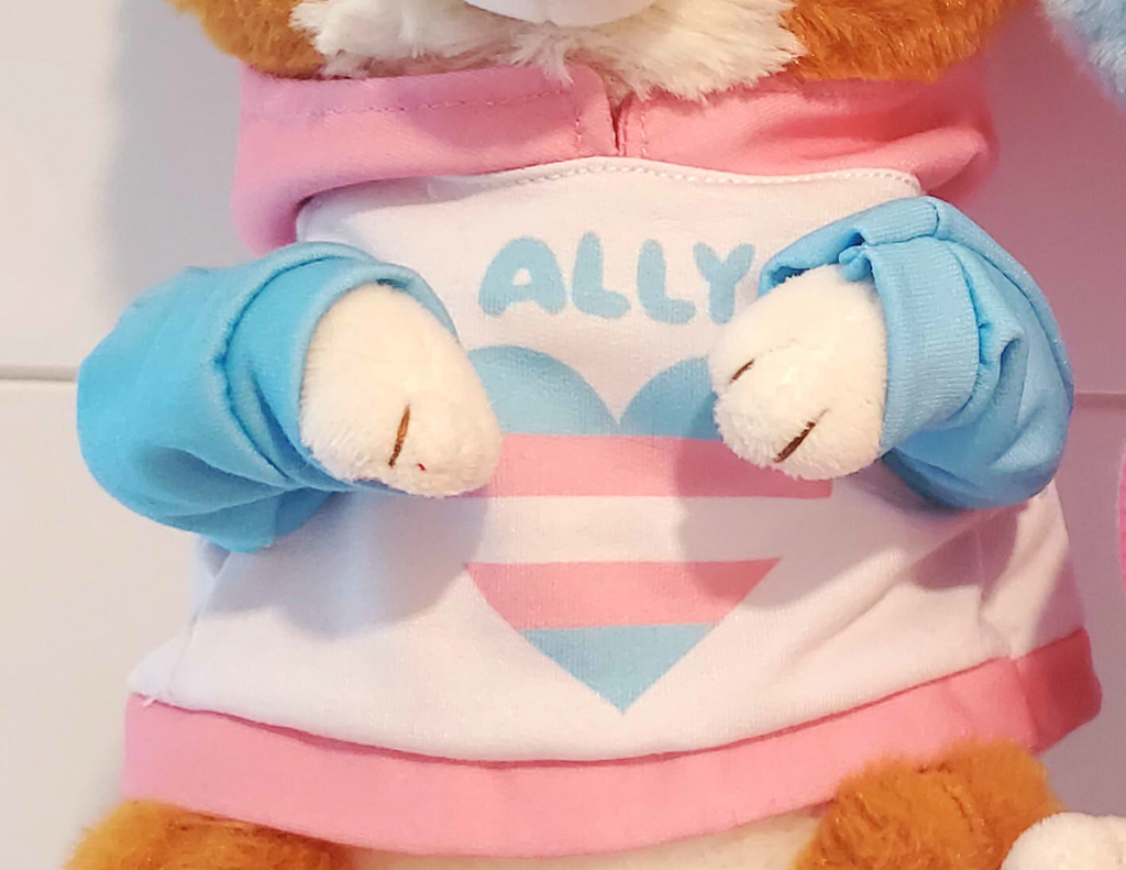 Pink, white, and blue plush toy hoodie that says Ally and has the trans flag in a heart shape