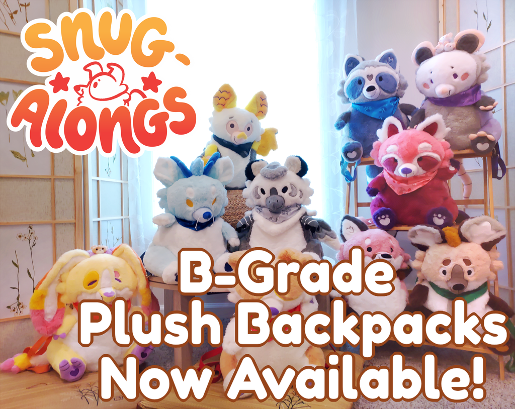 Photo of 10 Snug-Alongs plush backpacks that says B-grade plush backpacks now available!