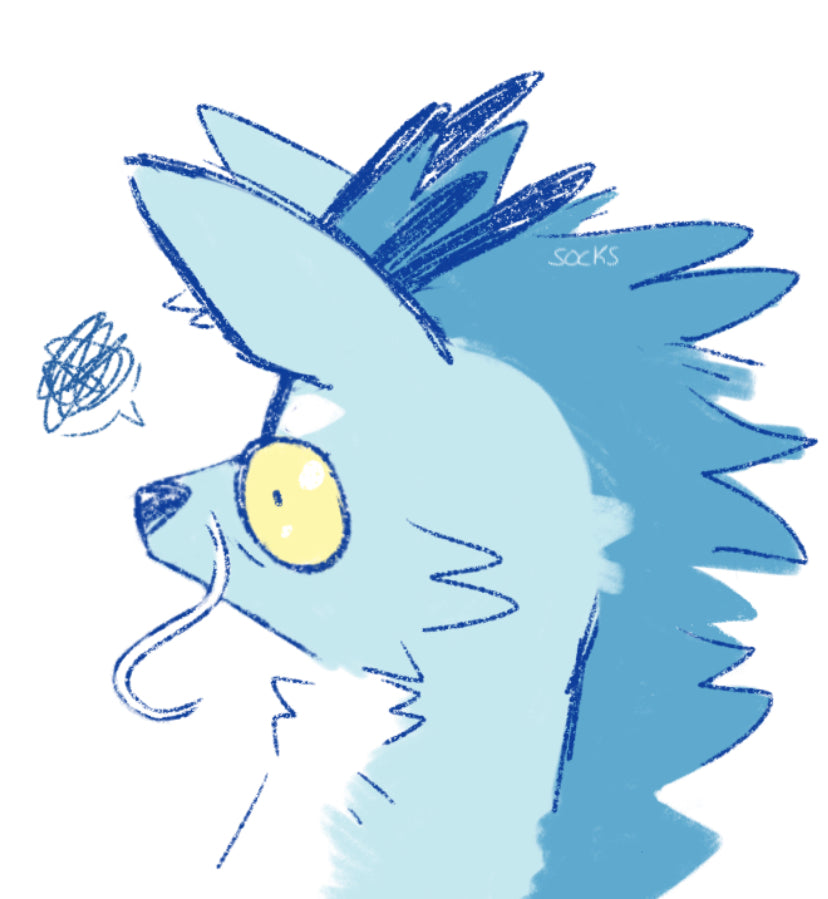 Cartoon character blue dragon with spiky hair and yellow eye on a white background