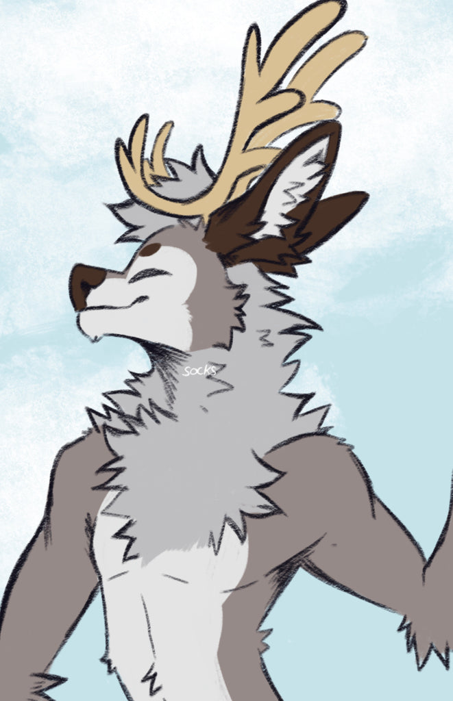 Animated character with deer-like features on a light blue background