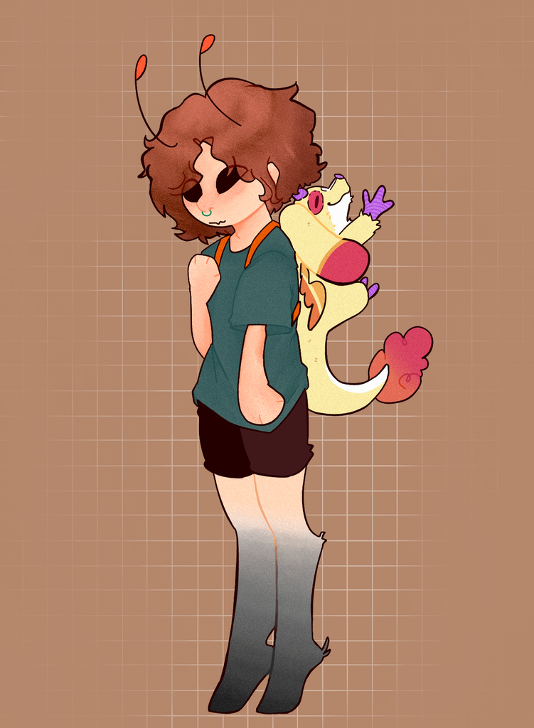Fanart of an original character wearing a Charmy the yellow dragon plush backpack