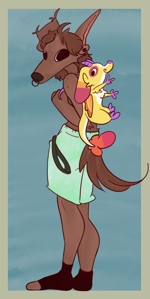 Fanart of an original fursona wearing a Charmy the yellow dragon plush backpack