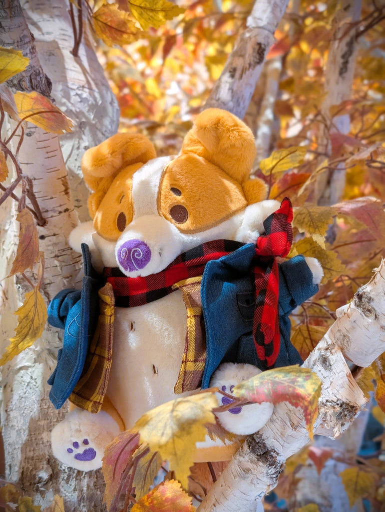 CosyPaws plush of Sunny Pup the red border collie wearing a plaid scarf and denim jacket sitting in a yellow tree