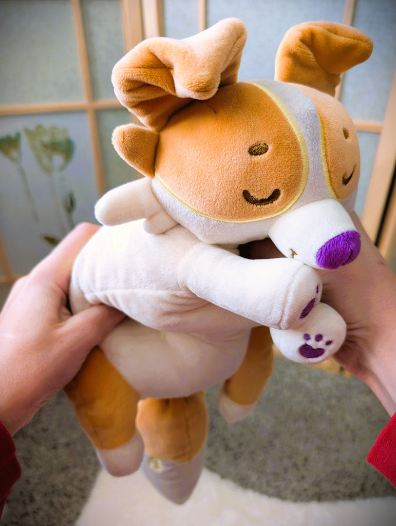 Photo demonstrating the squishable fabric of a plush toy of an orange border collie