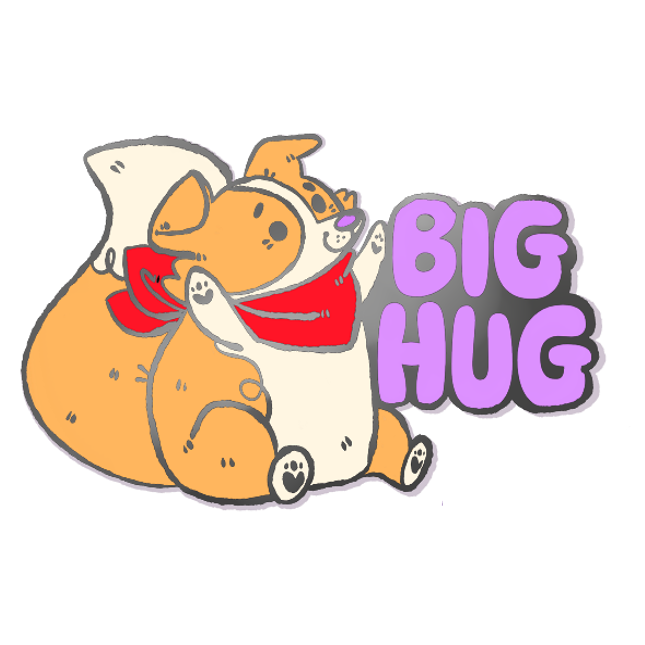 Art of an enamel pin of Sunny Pup the red border collie that says "Big Hug"