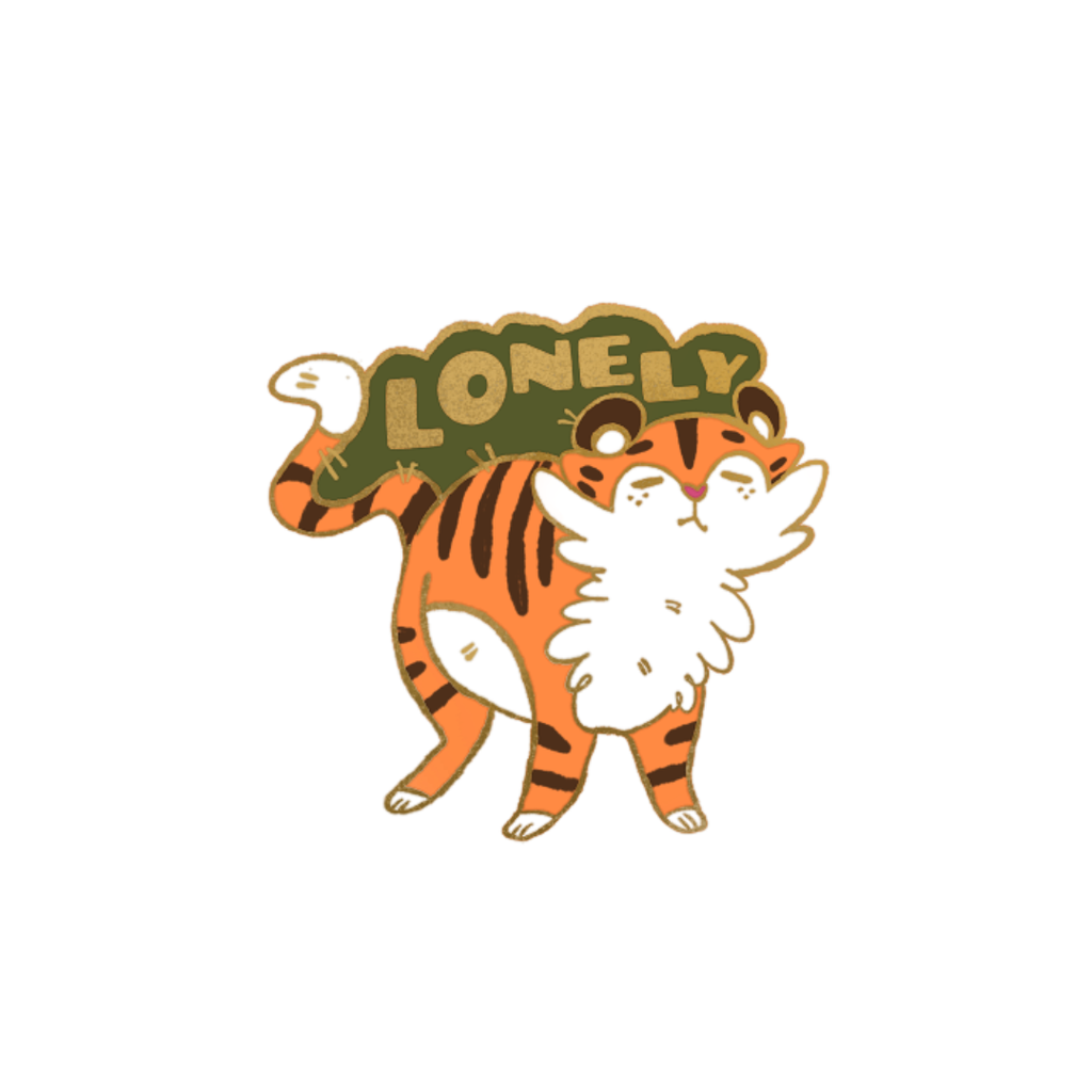 Illustration of a tiger with a 'lonely' sign on a white background