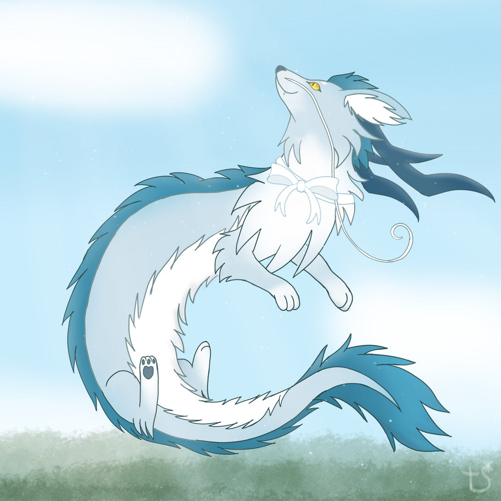 Illustration of a white and blue dragon with a flowing tail on a light blue background