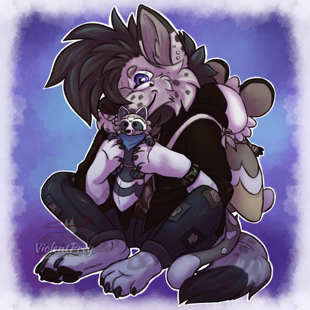 Fanart of a fursona holding a plush of Peanut the raccon and wearing Sesame the gryphon plush backpack