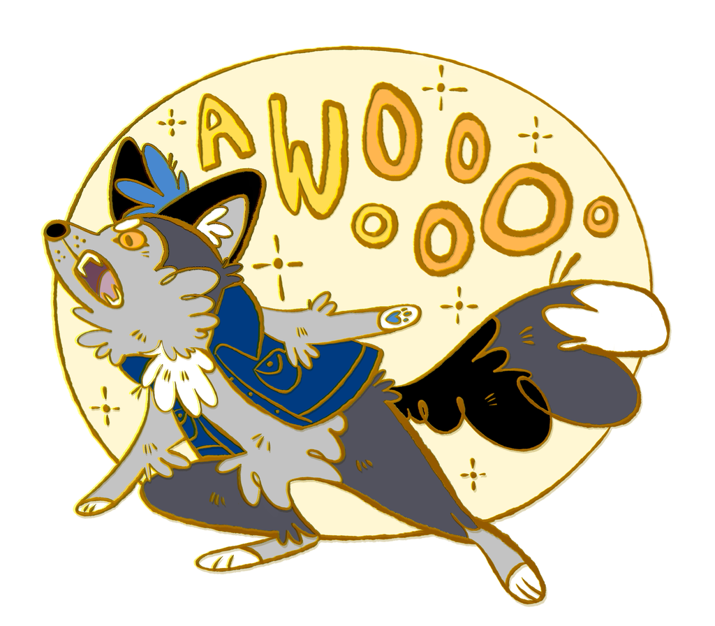 Enamel pin of Wolfgang the "werewoof" going "awoooooo" 