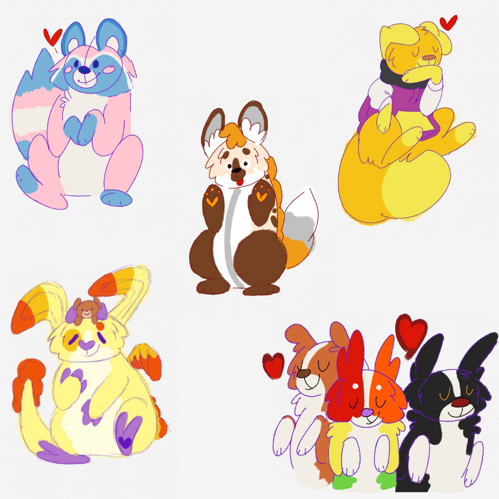 Fanart of Egg the pink, blue, and yellow raccoon, Charmy the truamadragon, ChocoChip the Hyena, a golden retreiver, a black and white collie, a red collie, and a rainbow collie 