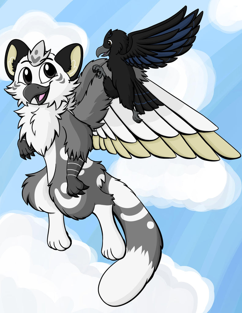 Fanart of Sesame the snow leopard gryphon and London Fog the raven