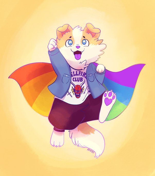 Fanart of Sunny Pup the red border collie wearing a rainbow cape